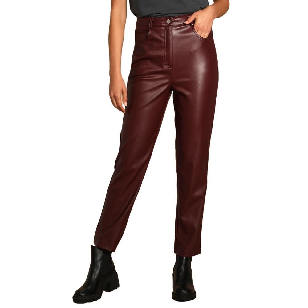 Lulus Women's Vegan Leather Straight Leg Pants Size M Burgundy High Waist EUC